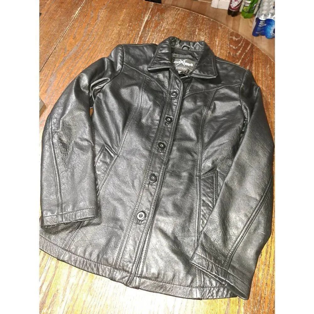 Vintage Small Maxima Wilson Black Leather Button Front Coat Jacket Long Sleeve